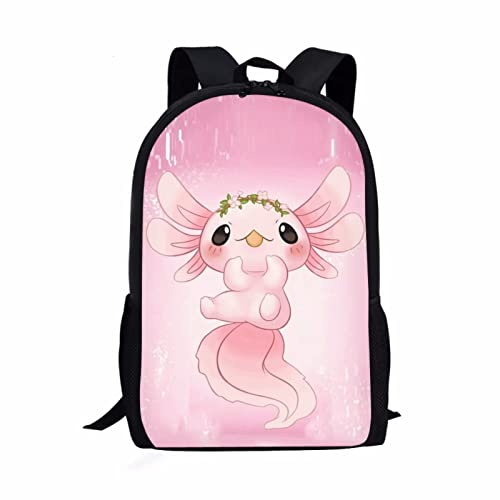 Showudesigns Axolotl School Bag Kids Backpack for Girls Sport Bag School Bagpack Bookbag Travel Portable Daypack Shoulder Bags Cute Animal Flower Pink