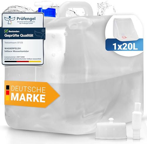 WASSERFELD ® [1x20L] Wasserkanister Faltbar inkl. auslaufsicherem Dosierhahn & Tragehenkel - Robuster Trinkwasserkanister mit Verschlussklappe - Auslaufsicherer Wasserbehälter