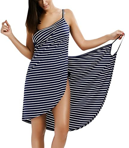 Handtuchkleid Damen, Saunakilt Damen, Streifen Badetuch Wearable Beach Wickelkleid, Wickel Rock Wasseraufnahme Schnell Trocknen Sexy Bademantel (Color : Navy, Size : XL)