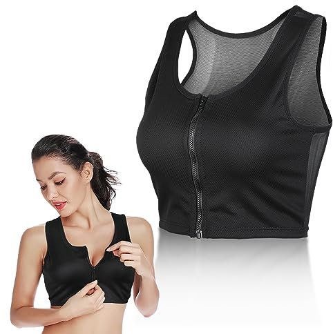 Binder Brust für Transgender,Damen Binder Trans Brustbinder Reißverschluss Tomboy Brust Binder Trans Tank Top Vorne mit Reißverschluss Fitness Lauf Sports Bra Trans Binder für Chest Binder,Schwarz,3XL