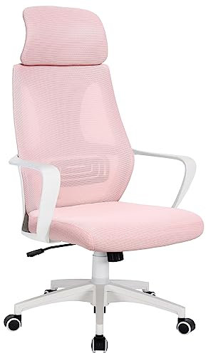 TRISENS Bürostuhl mit Lordosenstütze im Netzstoff-Design Schreibtischstuhl mit Wippfunktion ergonomischer Drehstuhl mit Einer verstellbaren atmungsaktiven Rückenlehne, Farbe:Weiß/Rosa