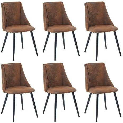 MEUBLE COSY Esszimmerstühle 6er Set Küchenstühle Ergonomisch Wohnzimmerstuhl mit Rückenlehne Sitzfläche aus Vintage Künstlich Wildleder Metallbeine Braun