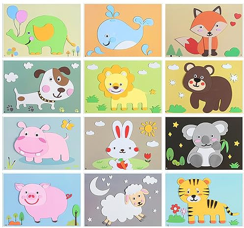 TNSLAND 12 Stück Mosaik Bastelsets Aufkleber Tiere für Kinder, Kreative Kunsthandwerk 3D Aufkleber DIY Kinder Tier Handgemachte Aufkleber Selbstklebende Cartoon-Schaum-Puzzle