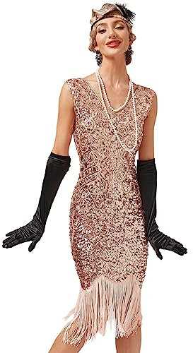 FYMNSI Damen 1920er Jahre V-Ausschnitt Pailletten Fransen Kleid Flapper Charleston Kleider Cocktailkleid Partykleid Gatsby Pailletten Quasten Abendkleid 20er Jahre Kost?m Abschlussballkleid Rosa M