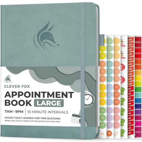 Clever Fox Appointment Book, 15-Minute Daily Planner, Undated Blue Surf | Large 21x28 cm, 15 minute increments, Hardcover ourly book with time slots for women & men, Weekly pages & monthly calendars