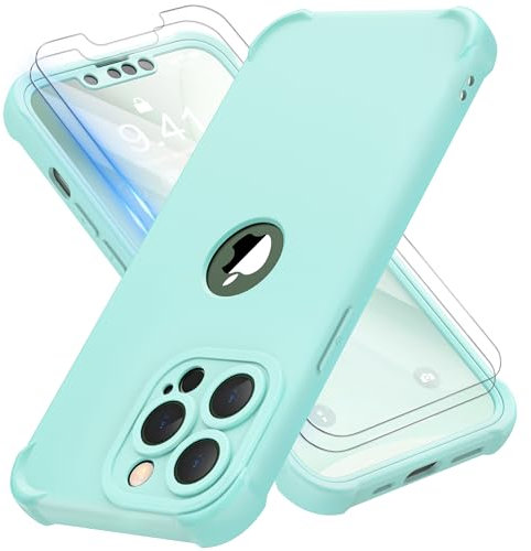 ORETECH Coque pour iPhone 13 Pro Max + 2 Pièces Verre Trempé Protection écran, 2 en 1 Antichoc Souple TPU Arrière Rigide PC Avant Housse de Protection pour iPhone 13 Pro Max Case 6,7 Vert Menthe