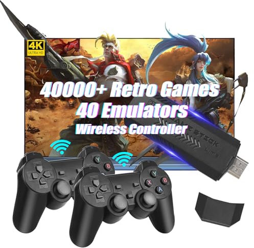 Wireless Retro Game Console, 64G Game Stick Built in 30,000 Games, 40+ Emulators, Dual Wireless Controllers, Plug & Play Video Game Consoles, 4K HDMI Nostalgia Stick Game for TV