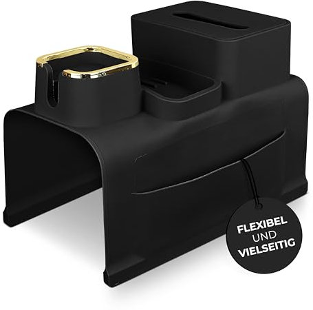 Armlehnen Tablett(Schwarz) mit Taschentuchbox und Getränkehalter Rutschfestes und stabiles Sofatablett für Armlehne Couch Ablage aus lebensmittelechtem Silikon Sofalehne Ablage für gemütliche Abende