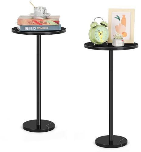 Smusei Kleiner Schwarzer Beistelltisch - Runder Couchtisch Mit Marmorsockel für Wohnzimmer Schlafzimmer, 32CM, Sofa-Tisch für Kleine Plätze, Schwarz 2er-Set