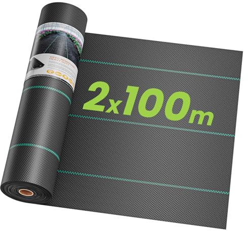 OUNUO 2mx100m Unkrautvlies Gartenvlies gegen Unkraut, Reißfestes Unkrautfolie Wasserdurchlässig Unkrautgewebe 90g/m², Rolle Bändchengewebe Hohe UV-Stabilisierung