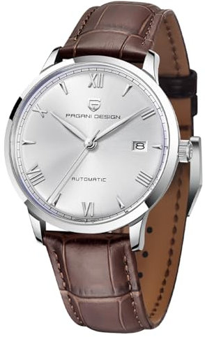 BY BENYAR Pagani Design1759 Herren-Automatikuhr, Japanisches NH35-Uhrwerk,Synthetischer Saphirspiegel 100M wasserdichte Sportuhr aus Edelstahl/Nylon (Kaffee Leder weiß)