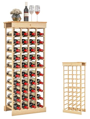 KOMFOTTEU Porte-Bouteilles sur Pied en Bois de Pin pour 40 Bouteilles | Étagère à bouteille à 10 niveaux verticale en bois de pin, rangement pour cuisine et cave, 46,2 x 27,5 x 113,2cm