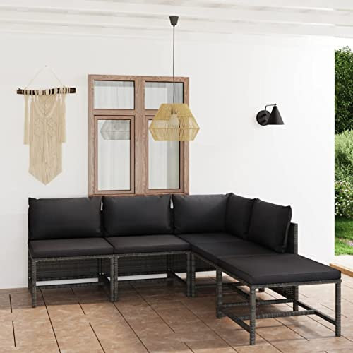 Rantry Sofa Terrasse Outdoor Modular Sofa Rattan Outdoor Gartenmöbel Set 5-teilig und Kissen Polyrattan Grau Ecke + 3x Mittelteil + Fußstütze