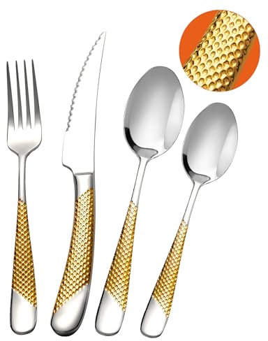 SHEUMNT Ensemble de couverts modernes 24 pièces, Or Argent martelé Couteaux dentelés 2-en-1 ultra-tranchants, Service en acier inoxydable 18/10 Set pour 6 personnes, Couteaux, fourchettes, Cuillères
