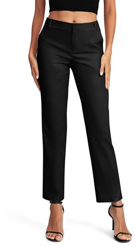 EXCHIC Femmes Casual Confortables Elastique Jambes Droite Pantalon Taille Haute Travail Pantalon avec Poches(L, Noir)