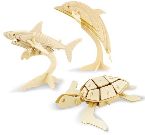 Georgie Porgy Hölzerne 3D Puzzle Sammlung Puzzle Modell Kit Baukasten Holzhandwerk Kinder Puzzle Pädagogisches Spielzeug DIY Geschenk Packung 3 (Hai Schildkröte Delfin)