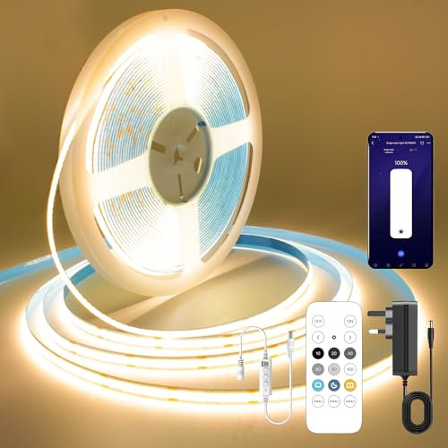 FUIQI Striscia LED COB 10 metri,striscia led cob bianco caldo 2700K,24V Smart app e telecomando Striscia LED dimmerabile,320LED/M,CRI>90, larghezza,adatto per camere da letto,cucine,armadi