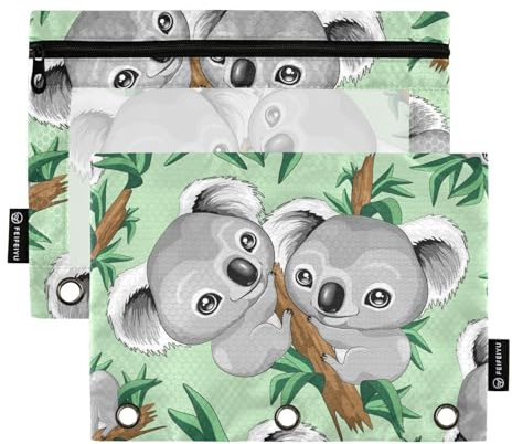Fustylead Federmäppchen mit niedlichem Koala auf Ast und Blättern, für 3 Ringe, Bleistiftbeutel mit Reißverschluss, transparentes Fenster für Büro-Kosmetikbedarf, 2 Stück, grün