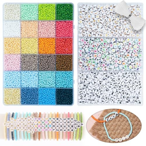 MiuCo 3mm Perlen Für Armbänder Selber Machen set, Bunte Glasperlen zum Auffädeln und Buchstabenperlen mit Gummiband für Freundschaftsarmbänder Schmuckherstellung Halsketten für Geschenke Weihnachten
