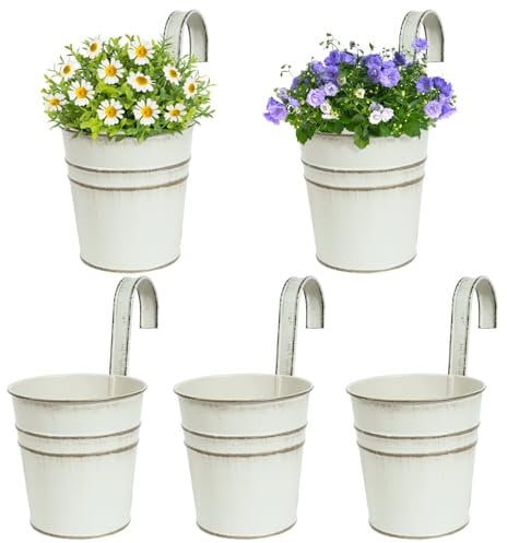 BOFUNX 5 Maceteros Colgantes de Hierro de Metal Macetas Pequeñas Colgar con Gancho con Orificio de Drenaje de Color Beige Vintage para Decoración Exterior Balcón Jardín Patio Pared Terraza