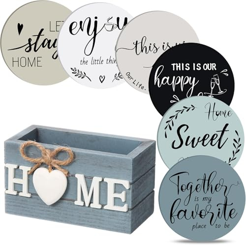Queekay Wooden Coasters Set of 6 with Holder 4'', Gray Blue