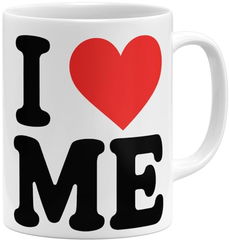 OM3 Tazza da caffè con scritta I love me – Amore – narcisismo – Ich liebe mich II – Tazza in ceramica – 325 ml – Stampa su entrambi i lati – Bianco