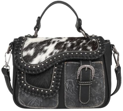 Kufelia Handtasche Schultertasche Westerntasche Kuhfell Nieten Flechtung (schwarz)