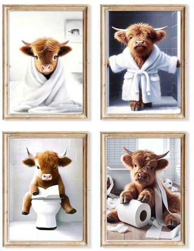 JINZUNRUI Badezimmer Deko Bilder, Gäste Bad Poster A4 Wandbilder, Lustige Badezimmer Bild Toilette WC Deko Bilder Toilette Wand Deko, Leinwand Schottische Hochland Kuh Badezimmer Bilder- Ohne Rahmen