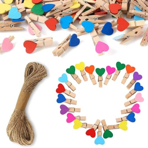 XURJUMI 50 Pièces Coeurs Colorés Mini Pince a Linge Bois, Accroche Photo, avec 10 M Corde de Jute et Crochet Non marquant, DIY Mini Epingle en Bois Photo