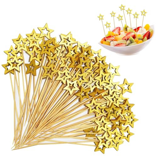 60 Stück Stern Cocktailspieße, 12cm Fingerfood Spieße Weihnachten, Silber Sterne Holzspieße, Cocktail Zubehör Zahnstocher Holz, Partyspieße Cocktail Deko für Bar Party Obst (Gelb)