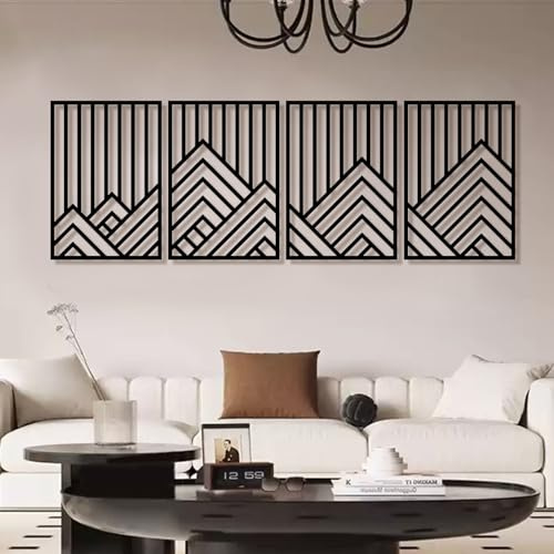 4Pcs Abstract Black Metal Wall Decor Mountain Line Art, 16x11 Minimalist 3D Textured Single Line Art Wall Decor, Forest Nature Metal Wall Sculpture Hanging Decor for Living Room Dining Room Office