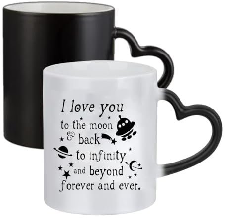 Giftme I Love You to The Moon & Back to Infinity and Beyond Forever and Ever, Ceramic Heart Handle Mug, Colour Changing Magic Mug.