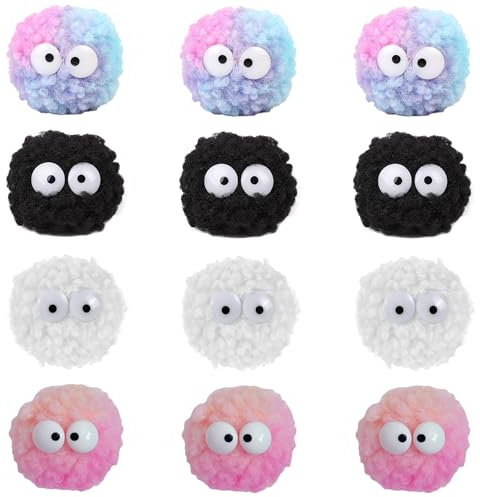 Niuhong 12 Pcs Bunte Pompons Fellbommel Anhänge Dekoration Pompom Cartoon Augen Deko Lustige Niedlich Flauschige Plüsch Bälle DIY Handwerk Schuh Taschen Schlüsselanhänger Zubehör (B)