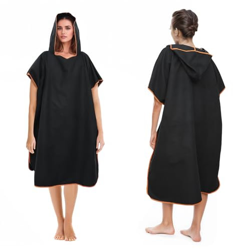 Badeponcho Damen& Herren,Poncho Handtuch,Mikrofaser-Surf Poncho,Lang Umkleidehilfe mit Kapuze für Herren Damen, Ideal Handtuch zum Strand, Brandung, Surfen(Schwarz)