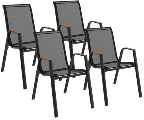 IDMarket - Set aus 4 stapelbaren Gartenstühlen NOUMEA aus Metall und Textilene in Schwarz und Holz