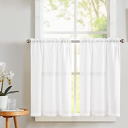 Vangao Scheibengardinen Modern Küche Weiß Leinenoptik Bistrogardine 2er Set 65Bx75Hcm mit Stangendurchzug Küchengardinen für Wohnwagen Landhausstil Fenster Gardinen Kurz Halbtransparente Weiss