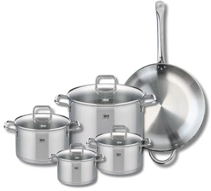ELO 9501350 Batterie de cuisine 5 pièces, Set de 1 Poêle de cuisson 32 cm et 4 faitouts 14, 16, 20 et 26 cm Elo Profi Citrin, inox, induction