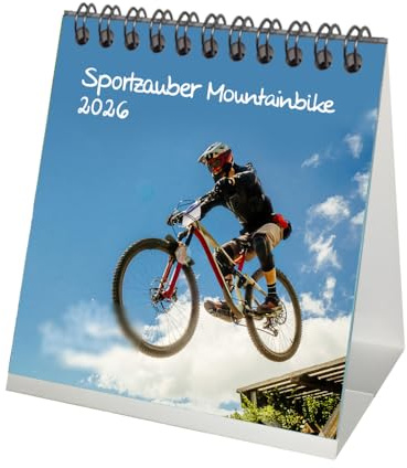 Sportzauber Mountainbike Tischkalender 10cm x 10cm für 2026 Fahrrad - Geschenkset Inhalt: 1x Kalender 1x Weihnachtsanhänger 1x Grußanhänger (gesamt 3 Teile)