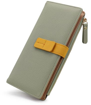 AdiStylinno Geldbörse Damen, Lange Geldbeutel Große Kapazität Leder Slim Wallet, Bifold Portemonnaie Mode Clutch Brieftasche mit Mehreren Kartenfächern und Reißverschluss Münzfach (Grün)