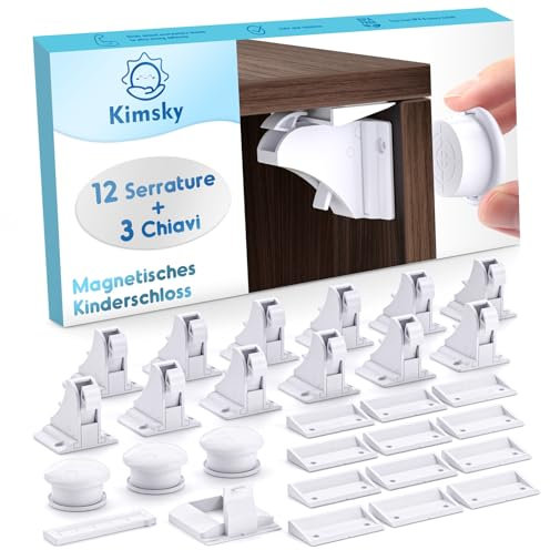 Blocca Cassetti per Bambini, Kimsky 12 Serrature + 3 Chiavi Blocco di Sicurezza Magnetico Per Bambini, Chiudi Cassetti Bambini con Adesivo Nessun Trapano Necessario, Bianca