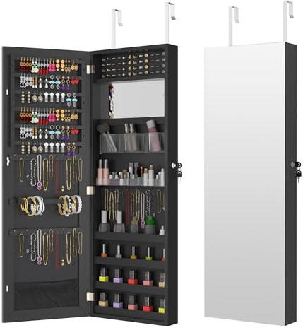 YRHome 2 in 1 Schmuckschrank hängend Spiegelschrank abschließbar andspiegel & Schmuck Organizer mit 2 Make-up Spiegel Wandspiegel Schminkschrank Tür- / Wandmontage, 2 -Spiegel, Rechteckig (Schwarz)