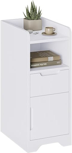 Brinlawb Nachttisch Schmal, Nachtschrank mit 1 offenen Fach, 1 Schublade und 1 Schrank mit Tür, Beistelltisch Schmal Sofatisch Nightstand für Wohnzimmer, Schlafzimmer, Perfekt für kleine Ecke, Weiß