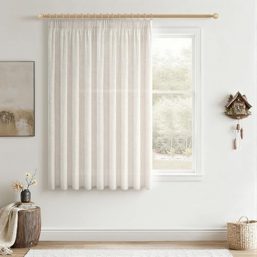 CUTEWIND Cortina Lino Blanco Cocina Cortinas Ventanas Cortas 1 Pieza para Riel con Cinta Fruncidora 200cm Ancho x 160cm Alto, Visillo Translucido Moderno para Dormitorio Juvenil