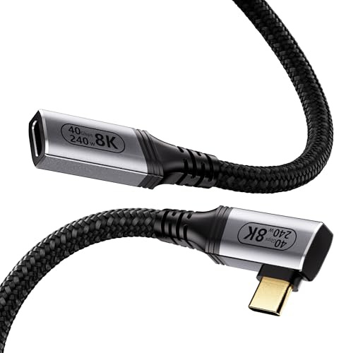 KMMXXCPM 0.6M Corto 90 Grados Alargo USB C Compatible Con Thunderbolt 4/3,USB4 Alargador Datos 40Gbps,ángulo recto USB-C hembra a macho 240W Carga Rápida,8K@60Hz/4K@120Hz para Monitor,SSD,Docking,Hub.