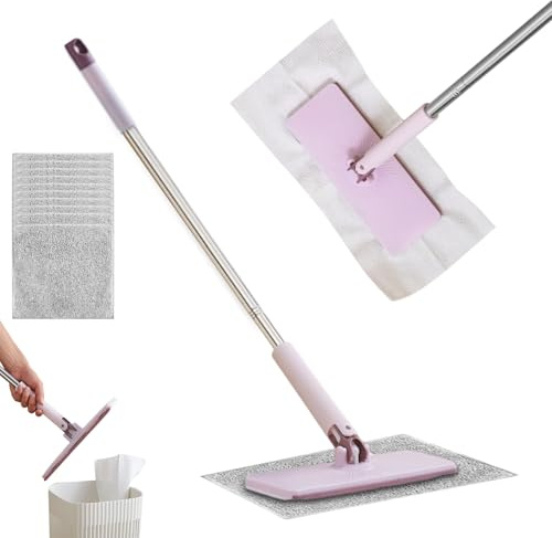 Mtbricey Larged Snap Grip Mini Mop with 10 Reusable Cloths 25x10cm/9.84x3.94in Hands-Free Automatic Cloth Changing Lazy Mop Zero Touch Clip On Mini Mops Cleaning Tools for Floors Wall Kitchen (Large)