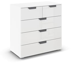 Rauch Möbel ADITIO, Kommode, Farbe Glas Weiß, Breite 80 cm | Sideboard im modernen Look, 5 Schubladen, Glasfront, Soft-Close-Funktion, für Schlafzimmer, Gästezimmer, Wohnzimmer, Flur