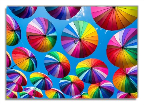 Wallario Poster - Bunte Regenschirme vor blauem Himmel in Premiumqualität, Größe: 70 x 100 cm (Riesenposter)
