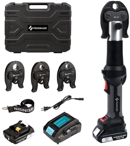 Professional Akku Presswerkzeug, Schubkraft 24KN Elektrisches Crimpwerkzeug mit V15, V22, V28-Backen, Pressmaschine mit 2 Stück 21V-4,0-Ah-Akku, Schnellladegerät und Tragetasche