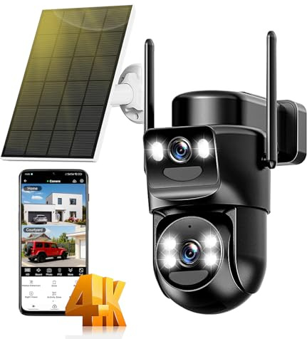Calike 4K Telecamera Wi-Fi Esterno Senza Fili con Pannello Solare,8MP Doppio Obiettivo Videocamera Sorveglianza WiFi,Visione Notturna a Colori,Rilevamento Umano PIR,Audio Bidirezionale,2.4G/5GHz,IP66