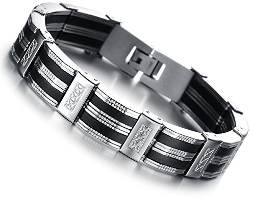 Cupimatch Herren 13 mm breit Sleek Schwarz Silber Ton Edelstahl Silikon Silber Ton Link Kette Manschette Armband Armreif 21 cm